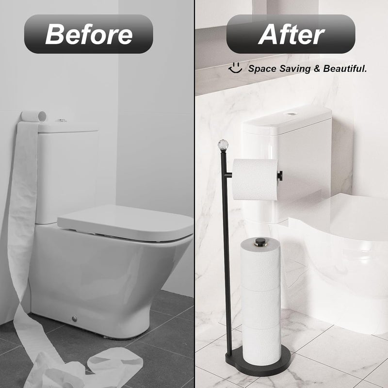 Kasunto Toilet Paper Holder for Bathroom, Heavy Weighted Metal Free Standing Toilet Paper Storage with Crystal Ball, Toilet Paper Stand for Bathroom Accessories, Matte Black [Holds MEGA Rolls] - Image 3